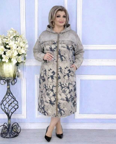 ДЖинсовый кардиган "Цветы" (бежевый) (Китай, разные фабрики) — размеры 3XL, 4XL